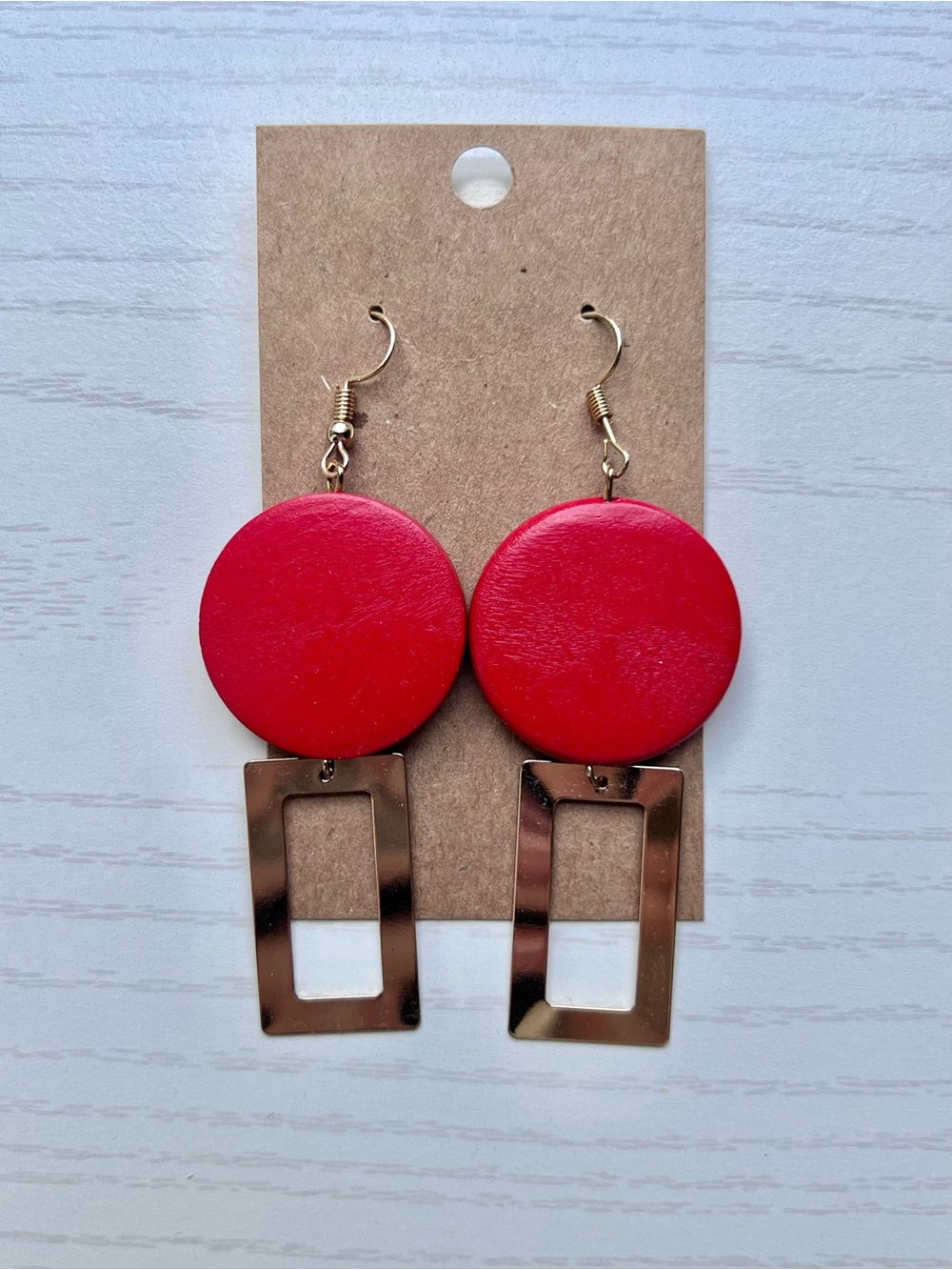 Stylish Red Disc & Gold Rectangle Drop Earrings